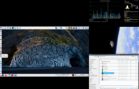 mein aktueller KDE-Desktop (ein waagrechter Schirm mit drei Taskleisten , 1 x vertikaler Bildschirm mit zwei Miniprogrammen und geöffnetem Dolphin) unter openSUSE Tumbleweed